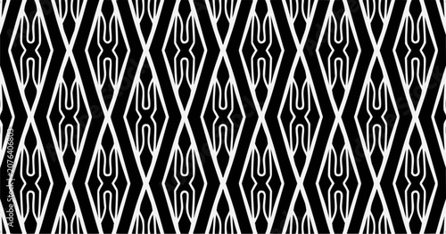 Fotografie Black and white seamless diamond geometric pattern with elongated ornamental shapes in a repeating symmetrical design