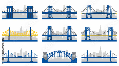 Konstfotografi Flat Vector Icons of Famous New York City Bridges, Including Brooklyn Bridge and