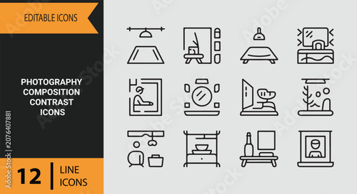 Expert photography composition contrast outline icons for camera equipment stores and photo editing software