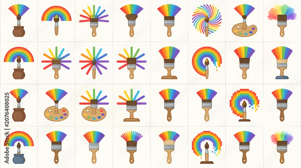 Fototapeta premium Flat Design Icons Set of Paintbrushes Creating Rainbows and Art, Vector Illustration with Diverse Styles and Concepts, Clean Grid Layout on White Background