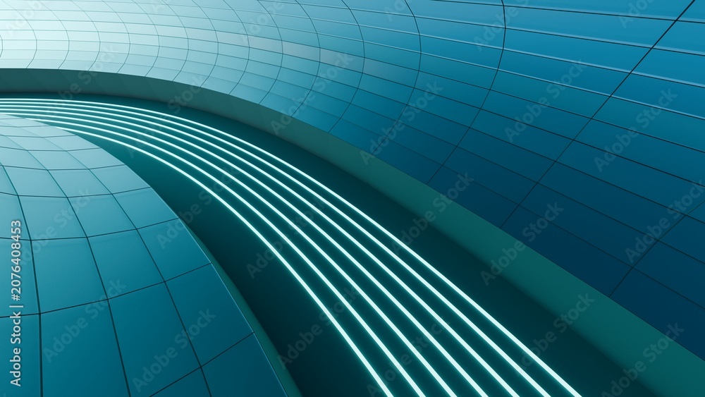 Obraz premium Abstract 3D render of a futuristic curved turquoise grid tunnel with glowing neon light lines on the pathway. Cyber technology background