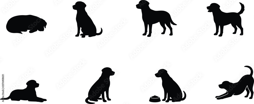 Obraz premium Dog Behavior and Pose Silhouette Collection Featuring Sitting Standing Sleeping Playing and Feeding Canine Illustrations Isolated on White