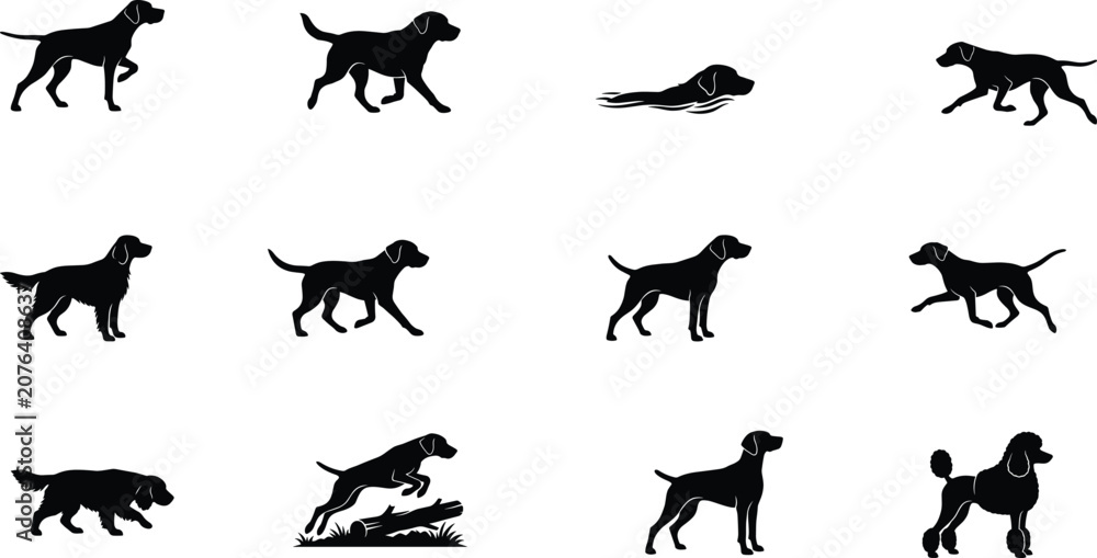 Obraz premium Dog Breed Silhouette Collection Featuring Hunting Sporting and Companion Canine Poses Isolated on White Background