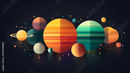 A stylized illustration depicting a collection of planets in a vibrant, abstract cosmic scene, with a dark background and glowing dots representing stars