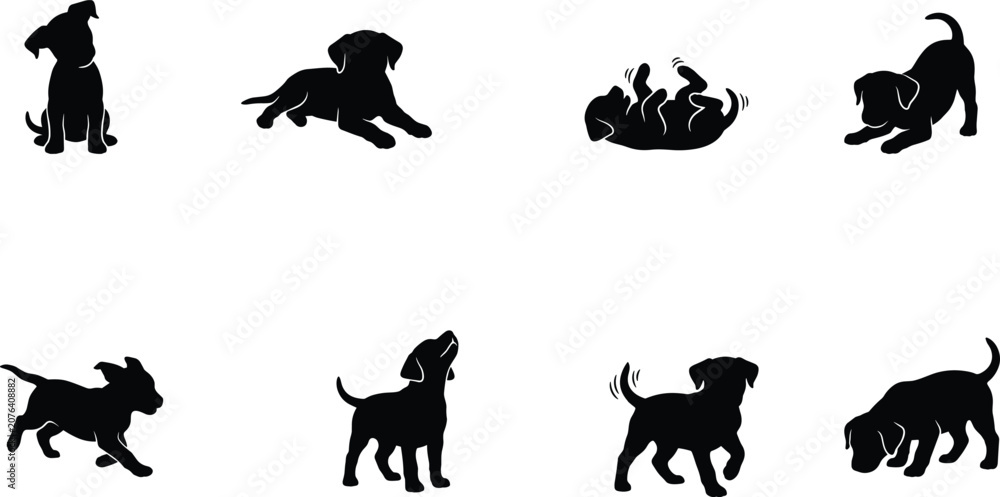 Obraz premium Playful Puppy and Dog Behavior Silhouette Collection Featuring Sitting Running Barking Rolling and Play Bow Poses