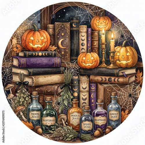 Vintage gothic Halloween still life with antique spell books glowing jack o lantern pumpkins and potion bottles in circular frame isolated on white background