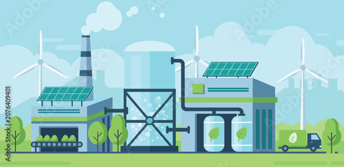 Clean energy recycling facility with solar panels wind turbines eco factory and green transport supporting sustainable industry renewable power and environmental protection