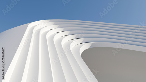 Fotografía Abstract 3D render of white curved geometric architectural lines against a clear blue sky