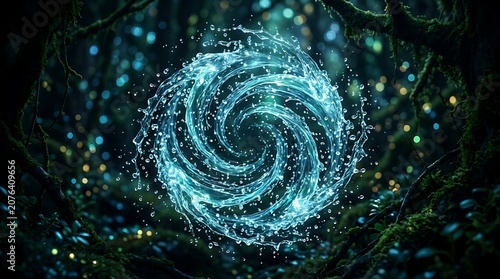 Glowing water spiral swirling in a dark enchanted forest