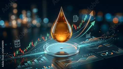 Petroleum market performance dashboard displaying glowing oil drop over futuristic gauge and rising financial charts for energy sector analytics