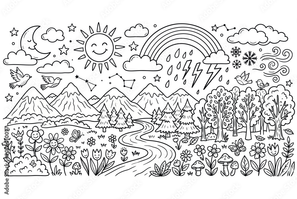 Naklejka premium Whimsical nature landscape doodle with sun moon rainbow mountains and flowers vector illustration