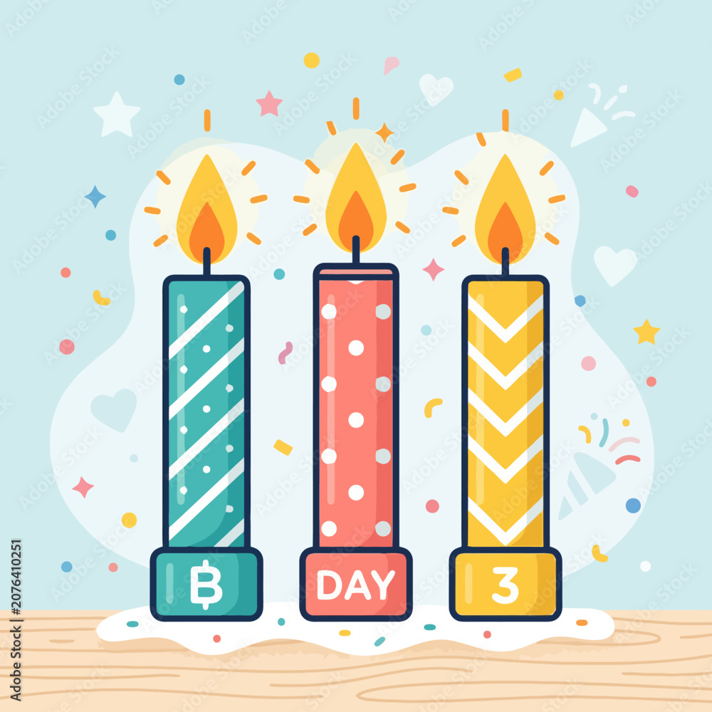 Obraz premium Three colorful birthday candles stand on a wooden surface