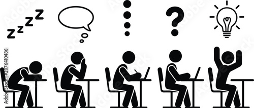 Fotografie Stick figure business student characters step by step problem solving process, g