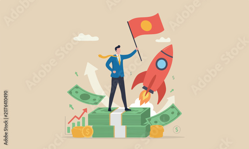 Reaching, investmen rocket target, wealth planning achievement, prosperity or financial independence concept, happy businessman holding winning flag on money