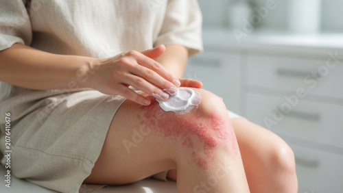 Female hands applying medicated cream to psoriasis skin rash on knee in clinic, dermatology treatment and skin healing