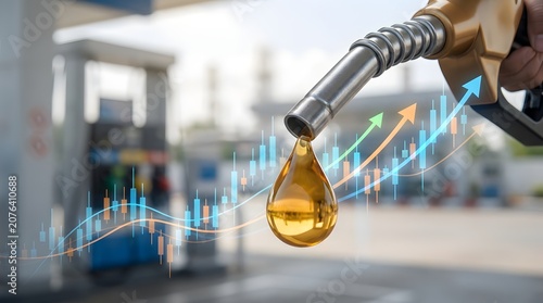 Rising fuel prices concept showing gasoline pump nozzle with oil drop and upward financial market charts representing energy inflation