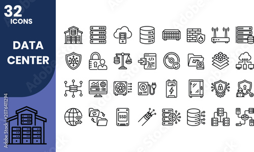 Professional data center line icon set featuring servers, cloud computing, databases, cybersecurity, networking, storage, virtualization, monitoring, and enterprise IT infrastructure symbols.