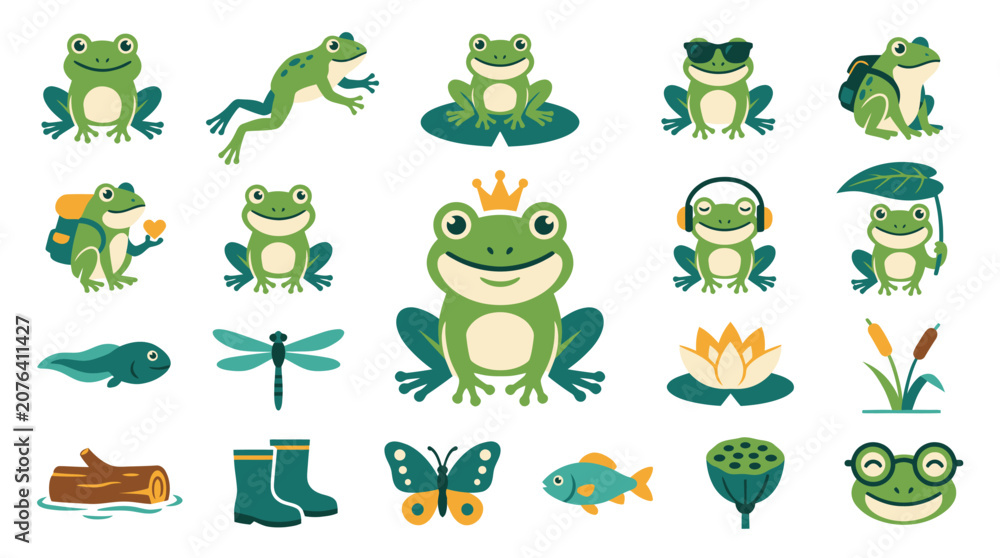 Obraz premium Cute Cartoon Frog and Pond Life Vector Icon Set. Flat Animal Nature Wildlife Illustration Collection
