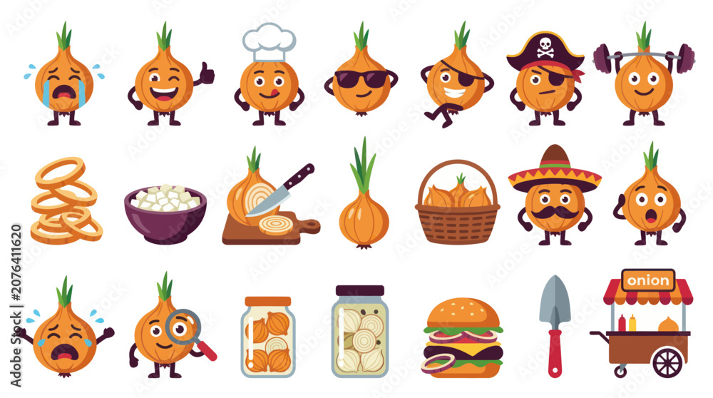 Obraz premium Food Cartoon Onion Characters and Vegetable Items Set. Agriculture, Cooking, and Emoji Flat Vector Illustration