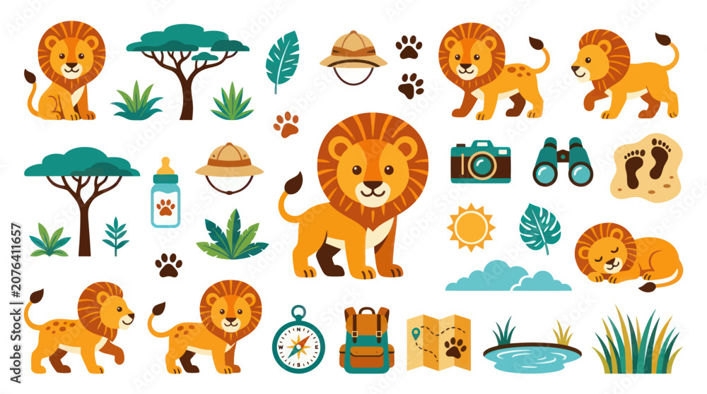 Obraz premium Flat Style Safari Animals and Travel Icons, Lions, Camera, Map, Binoculars