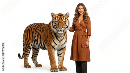 Young Woman Standing Beside a Majestic Bengal Tiger on White Background