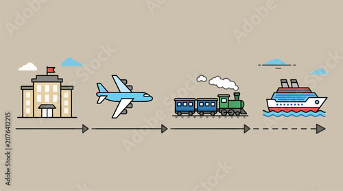 Flat Vector Illustration of a Journey Timeline with Building, Airplane, Train, and Cruise Ship Icons on a Beige Background, Graphic Resource with Copy Space