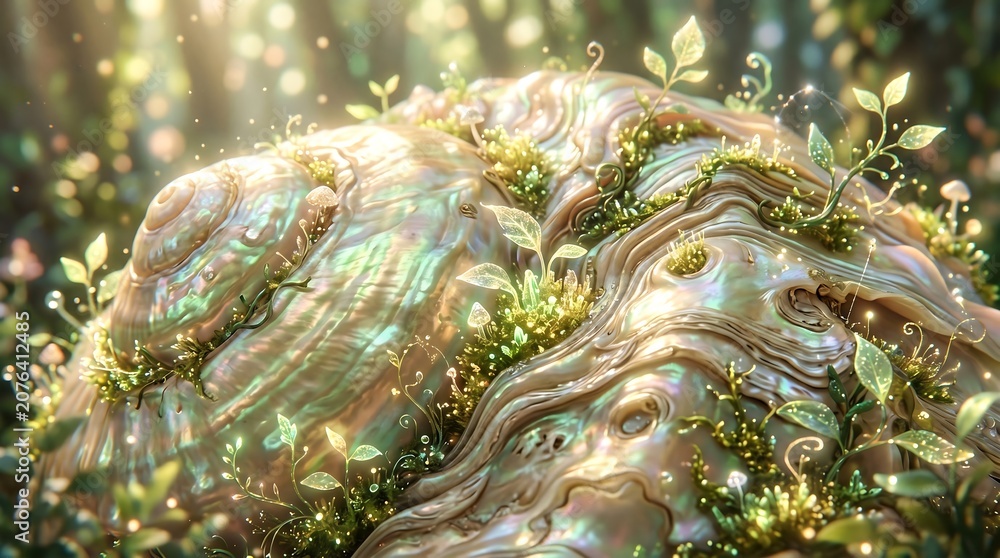 Naklejka premium Iridescent shell macro with green plants in sunlight