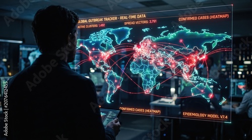 Researcher analyzing digital global epidemic tracking data on hologram screen.