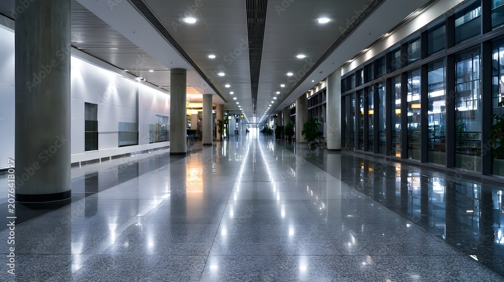 Fototapeta premium A calm modern airport terminal walkway features sparkling reflections and soft lighting creating smooth gradients