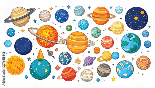 Planets and celestial bodies in space.