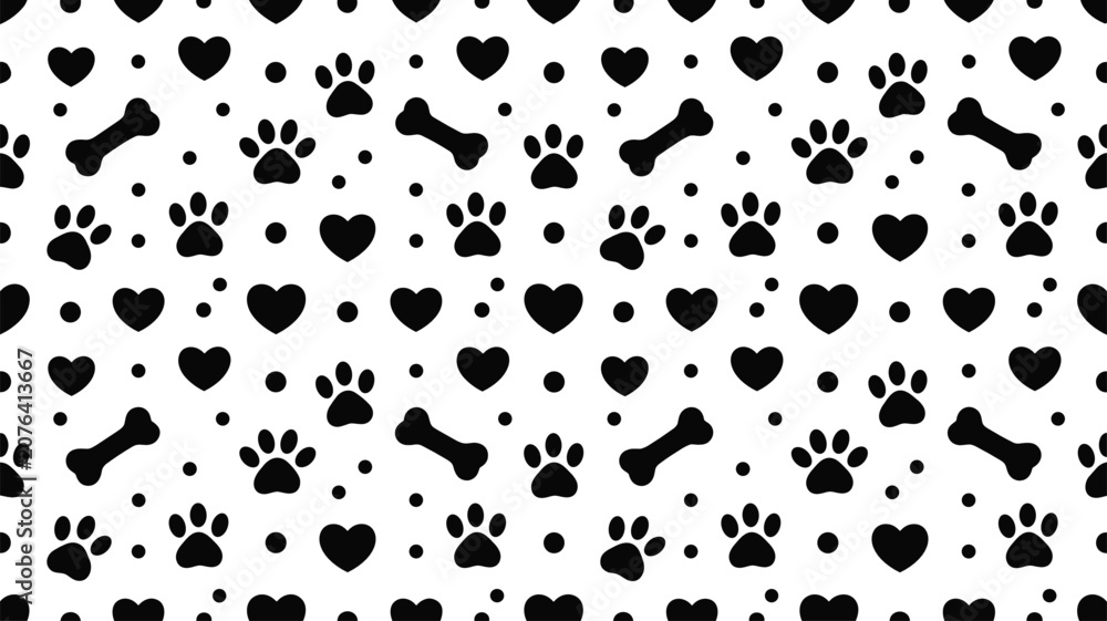 Fototapeta premium Dog paw print seamless pattern vector illustration with bones and hearts texture wallpaper for pet shop wrapping paper design.