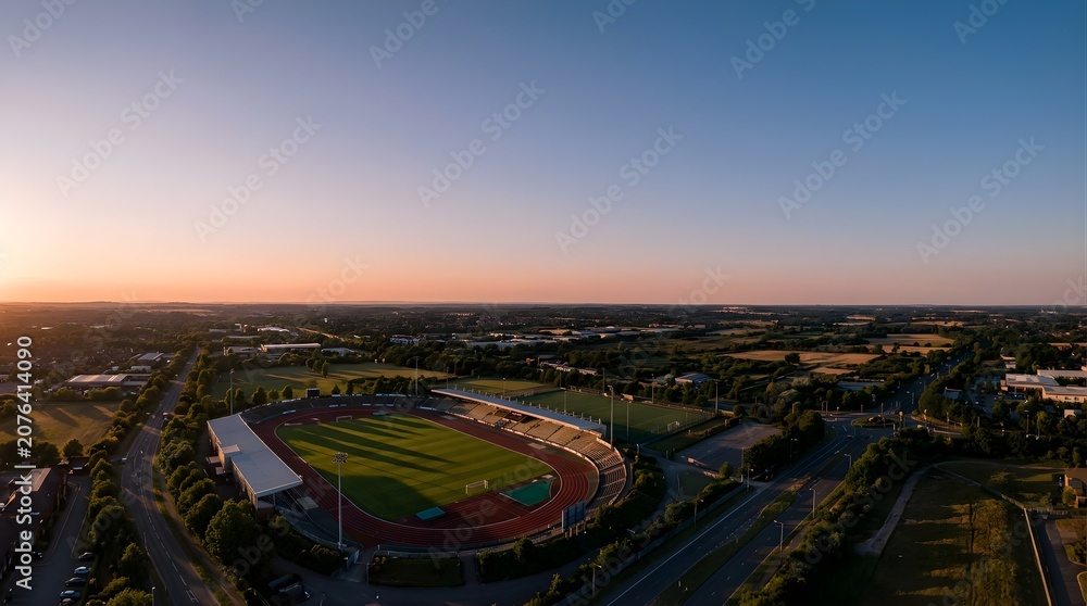 Fototapeta premium Aerial view of a sports stadium and running track at sunset