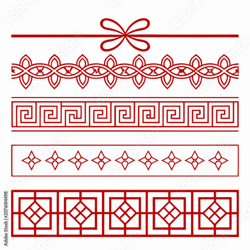 Red asian frame borders collection with traditional chinese fretwork and knot symbols featuring geometric patterns and lattice designs for oriental cultural decoration and luxury invitation layouts.