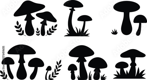 Mushroom silhouette vector illustration set with various fungus tufts forest toadstools grass and botanical leaves for autumn nature landscape design.