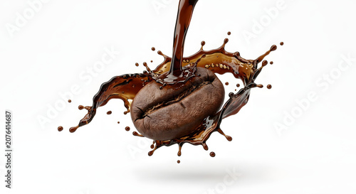 Realistic roasted coffee bean surrounded by a rich dark coffee splash, isolated on a white background. Ideal for coffee branding, beverage advertising, packaging, and premium cafe concepts.