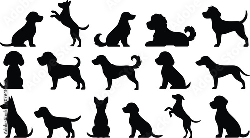 Fotografie Dog silhouette vector illustration set with various puppy poses sitting standing jumping and different breeds for pet care graphic design