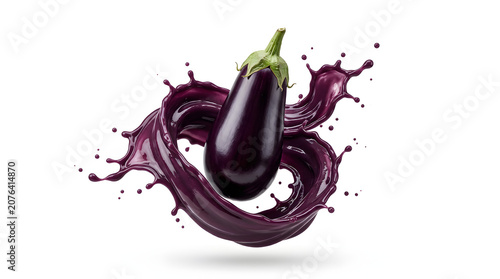 Realistic fresh eggplant surrounded by a rich purple vegetable splash, isolated on a white background. Perfect for healthy food, organic produce, packaging, cooking, and advertising concepts.