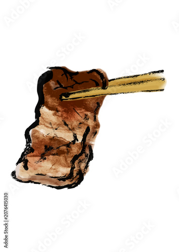 焼肉を一切れ、箸で掴んでいる手書き筆イラスト