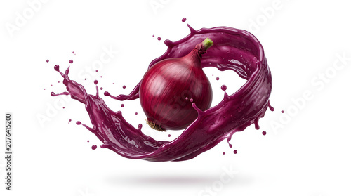 Realistic fresh red onion surrounded by a vibrant purple vegetable splash, isolated on a white background. Perfect for cooking, healthy food, packaging, seasoning, and advertising concepts.