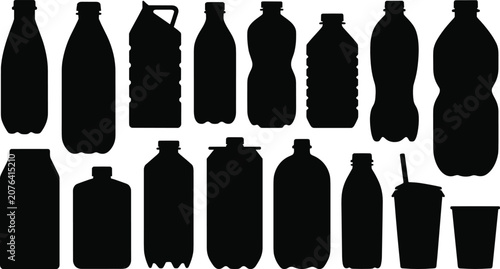 Foto Plastic bottle silhouette vector illustration set with various beverage containers liquid jugs juice cartons and disposable cups for packaging graphic design