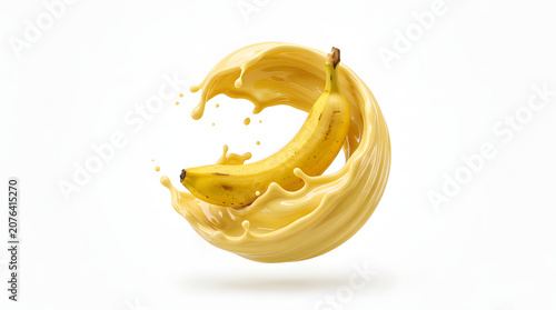 Realistic fresh banana surrounded by a creamy yellow banana splash, isolated on a white background. Perfect for healthy food, smoothies, dessert, packaging, and advertising concepts.