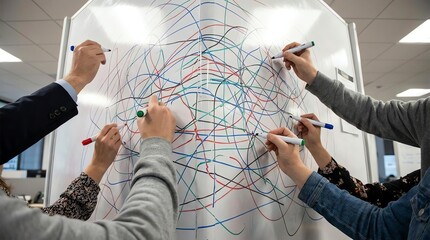Diverse team collaborates on complex problem-solving with colorful whiteboard drawings