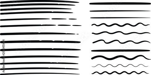 Hand drawn line vector brush set with various sketchy ink borders wavy dividers and horizontal strokes for abstract graphic design