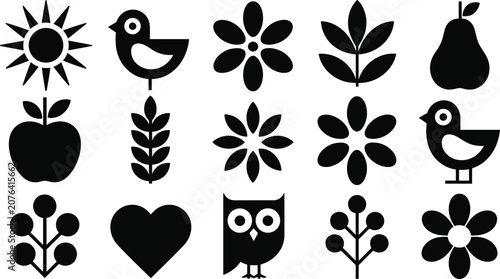 Nature silhouette vector icon set with various Scandinavian birds flowers leaves owl sun heart and fruits for folk art graphic design.