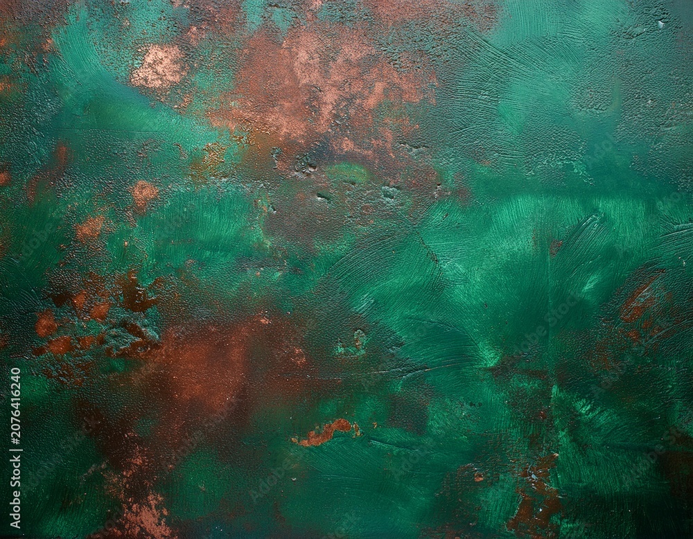 Naklejka premium green copper patina background with weathered metallic texture top view for design projects