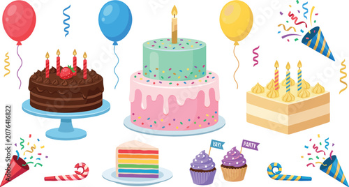 Photos Birthday party element set with chocolate cake tier cake rainbow slice cupcakes