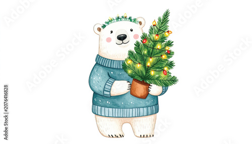 Polar bear in blue sweater holding tree.