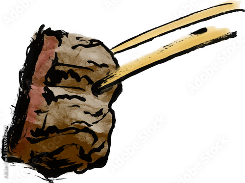 焼いた牛タンを一切れ、箸で掴んでいる手書き筆イラスト