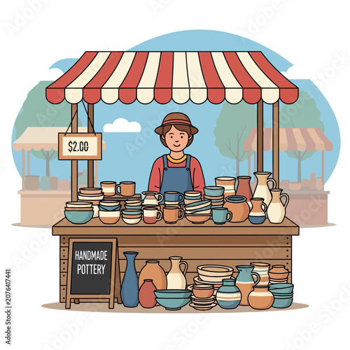 Handmade Pottery Stall with Vendor and Ceramic Wares at Outdoor Market