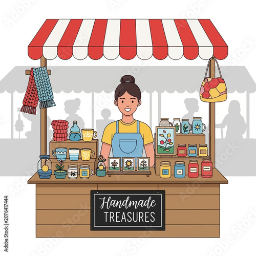 Handmade Treasures Stall: Woman Selling Crafts at Market